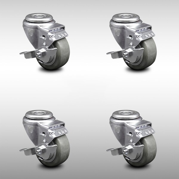 3 Inch SS Gray Polyurethane Wheel Swivel Bolt Hole Caster Set with Brake SCC